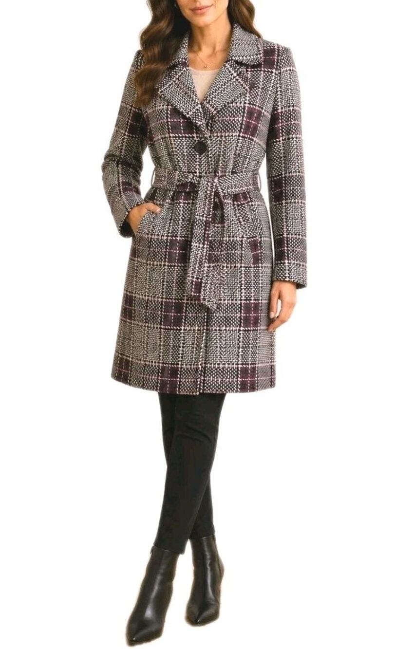 Cabi ~Woman Size L~ Multicolor Plaid Print Trench Belted Coat Unlined.